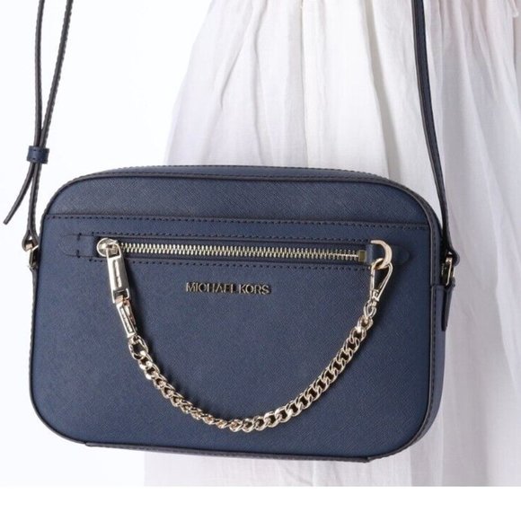 NWT Michael Kors NAVY Jet Set LARGE EAST WEST CHAIN Lady Crossbody Bag - Picture 1 of 7
